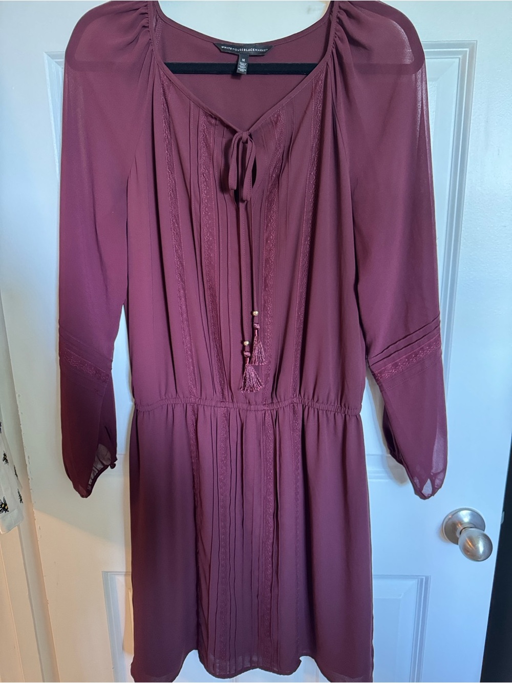 White House Black Market Burgundy Long Sleeve Tie-Neck Dress